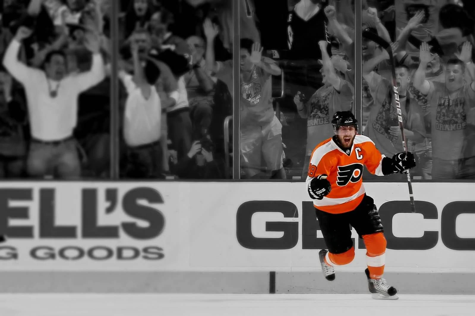Philadelphia Flyers, orange jersey, black and white stadium, HD Desktop Wallpaper