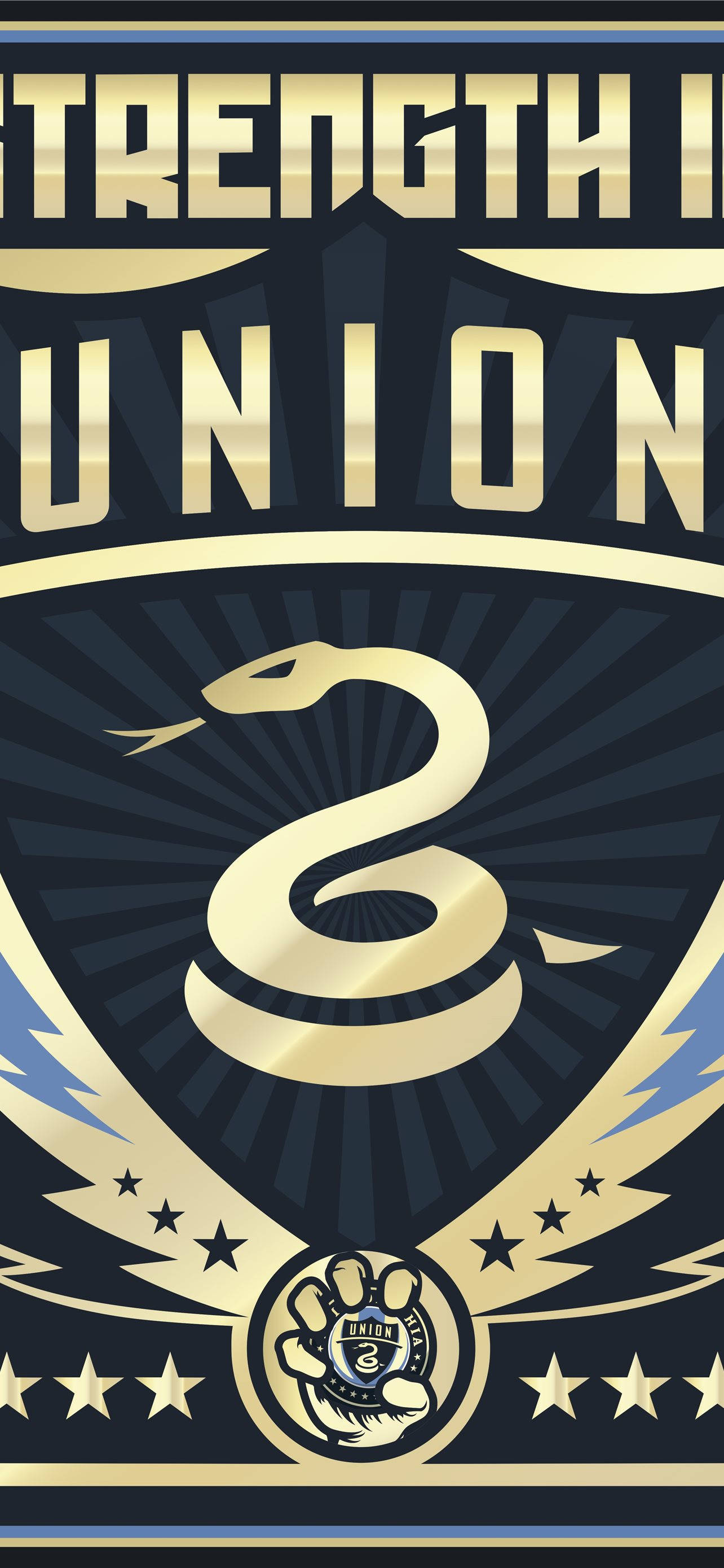 Philadelphia Union, gold text, coiled snake emblem, 2K Phone Wallpaper