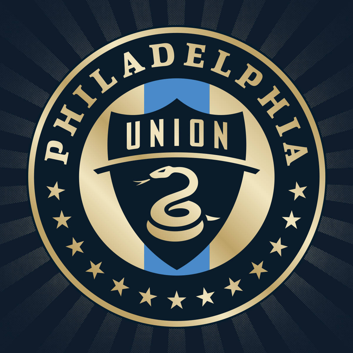 Philadelphia Union, coiled snake emblem, navy blue and gold shield, SD Desktop Wallpaper