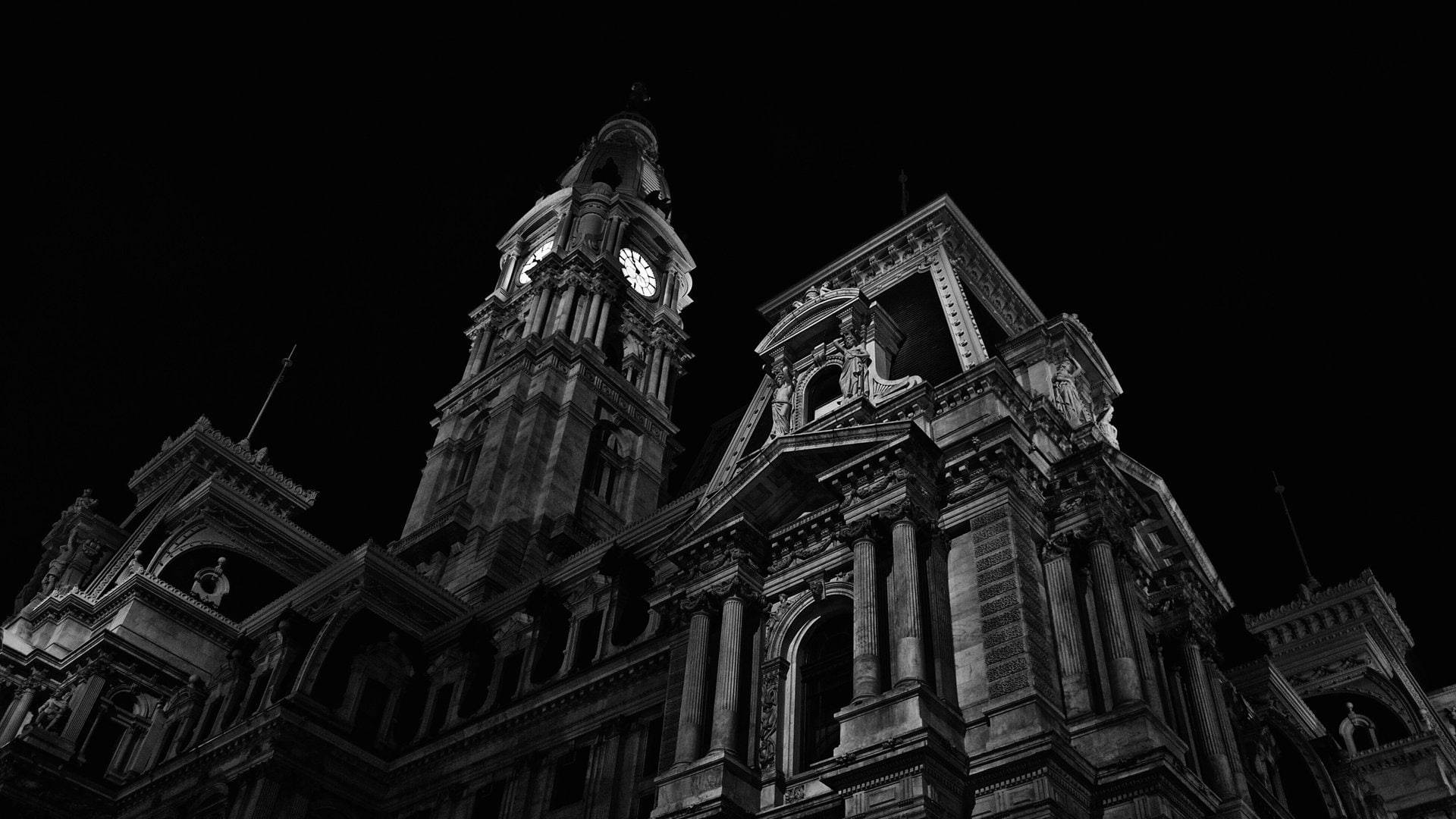 Philadelphia, black and white, ornate clock tower, Full HD Desktop Wallpaper