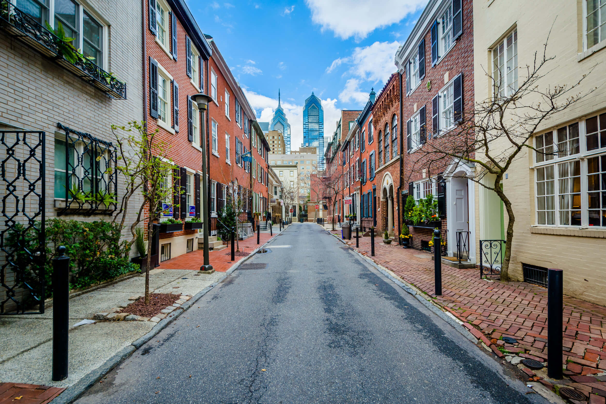 Philadelphia, brick-lined street, historic district, Full HD Desktop Wallpaper
