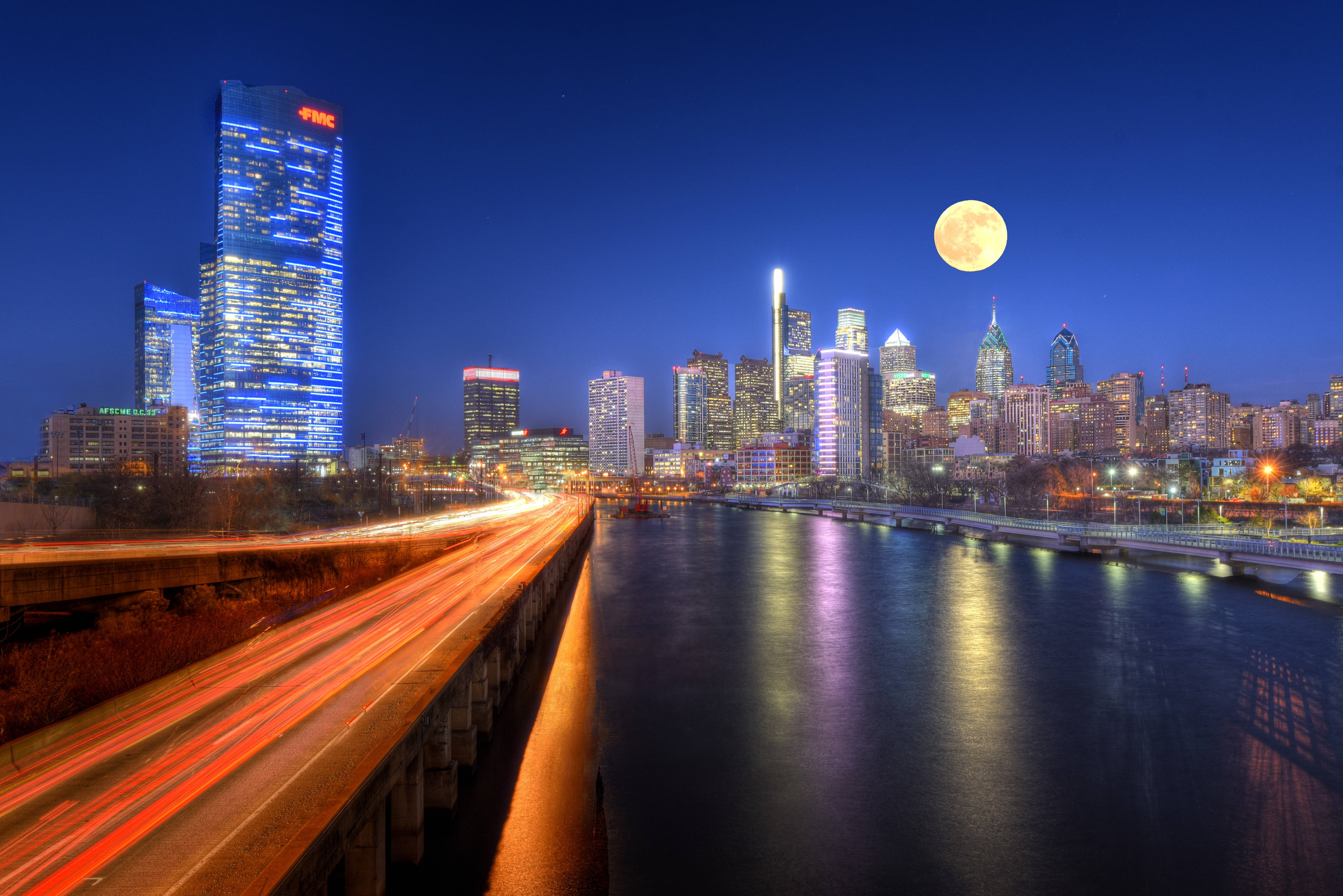 Philadelphia, full moon, skyscrapers, 5K Desktop Wallpaper