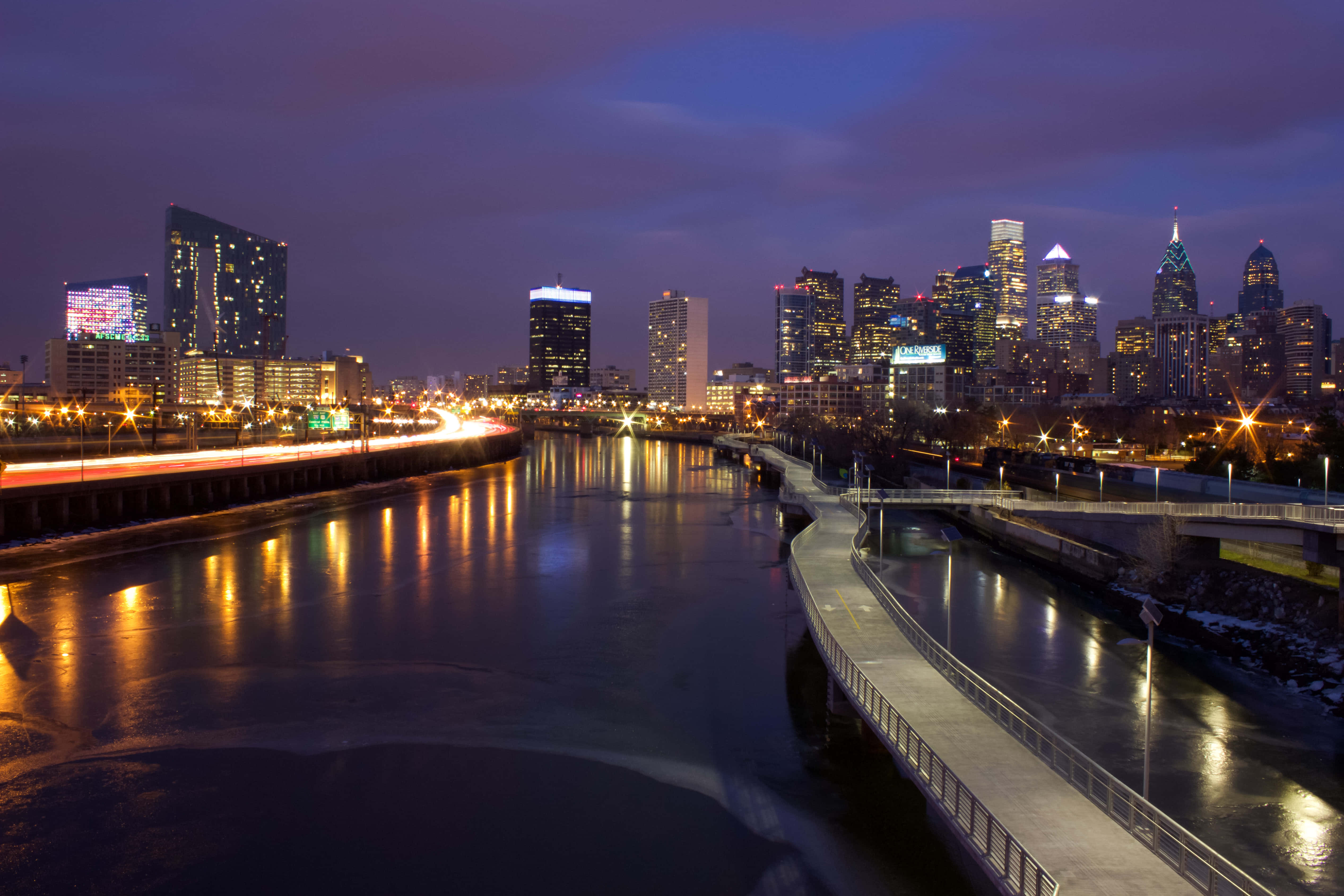 Philadelphia, purple sky, dusk, 4K Desktop Wallpaper