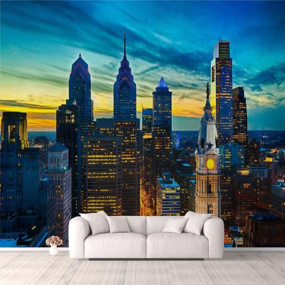 Philadelphia skyline, sunset, orange and blue skies, SD Desktop Wallpaper