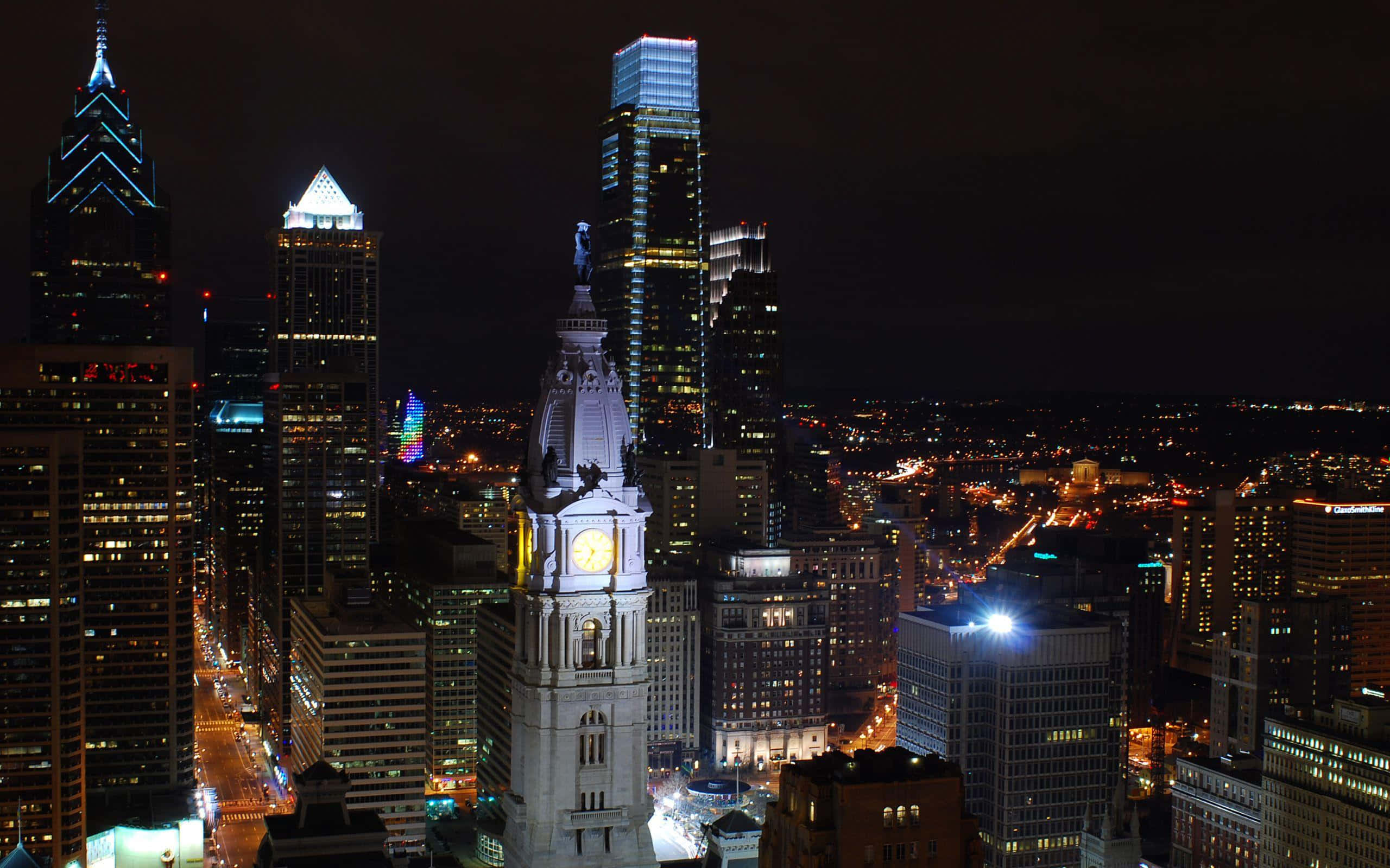 Philadelphia, dark skyline, historic clock tower, 2K Desktop Wallpaper