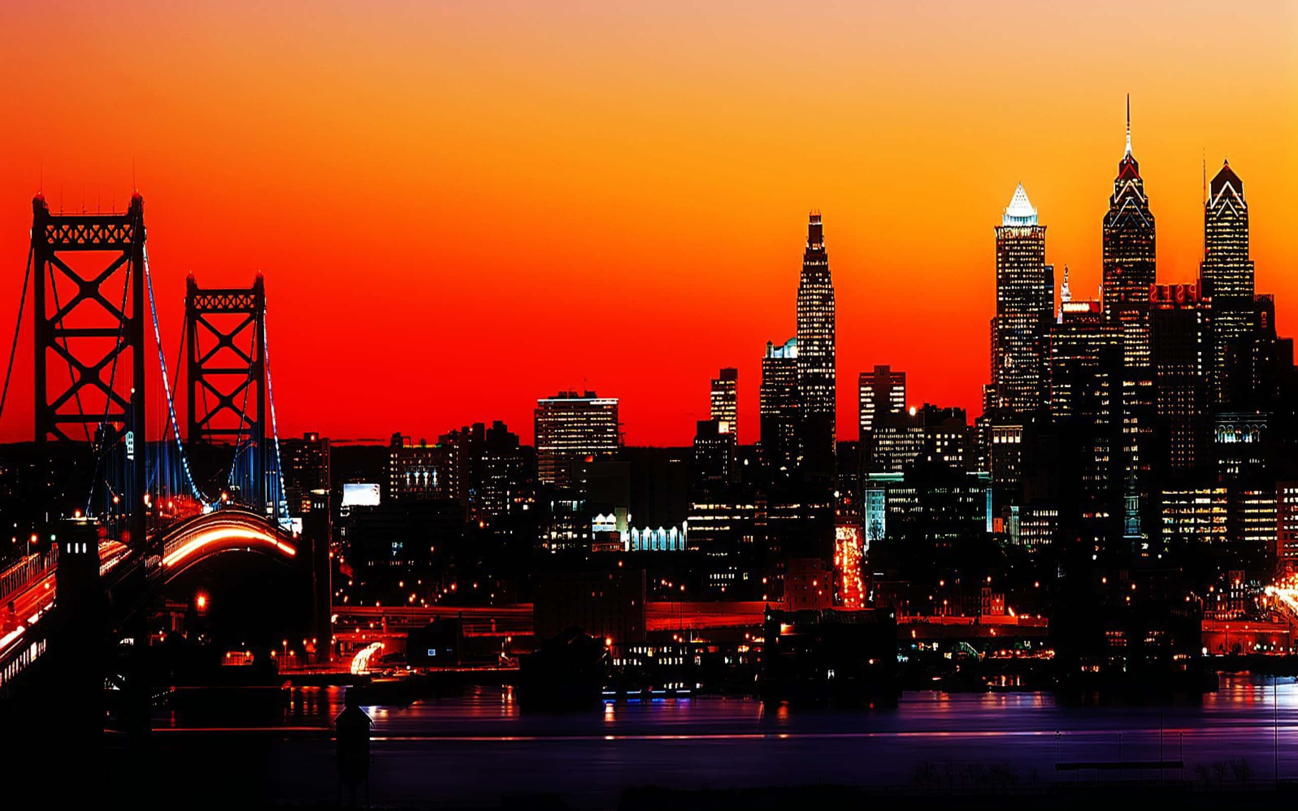 Philadelphia skyline, red orange sky, sunset, 2K Desktop Wallpaper