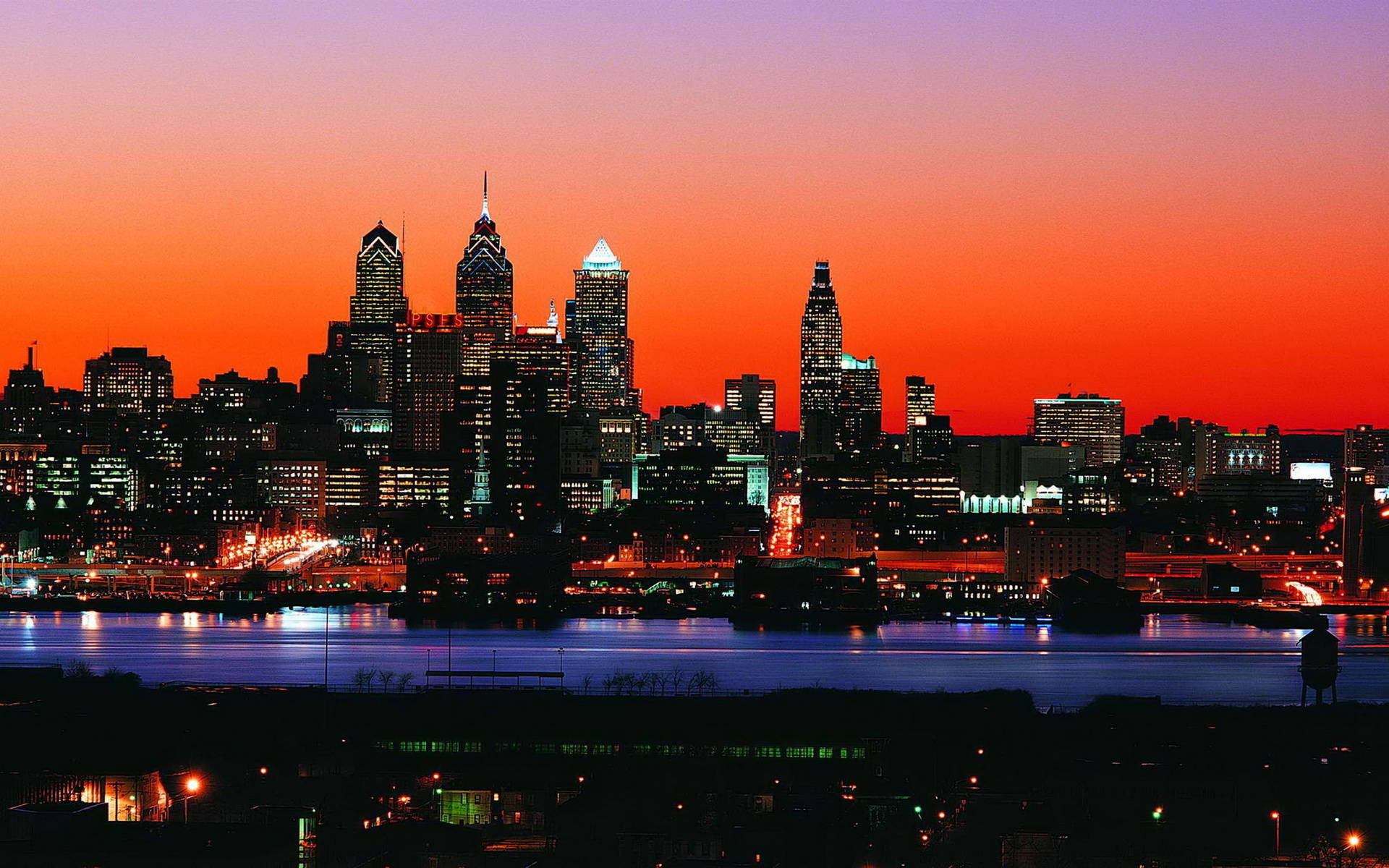 Philadelphia, orange sunset, skyline, Full HD Desktop Wallpaper