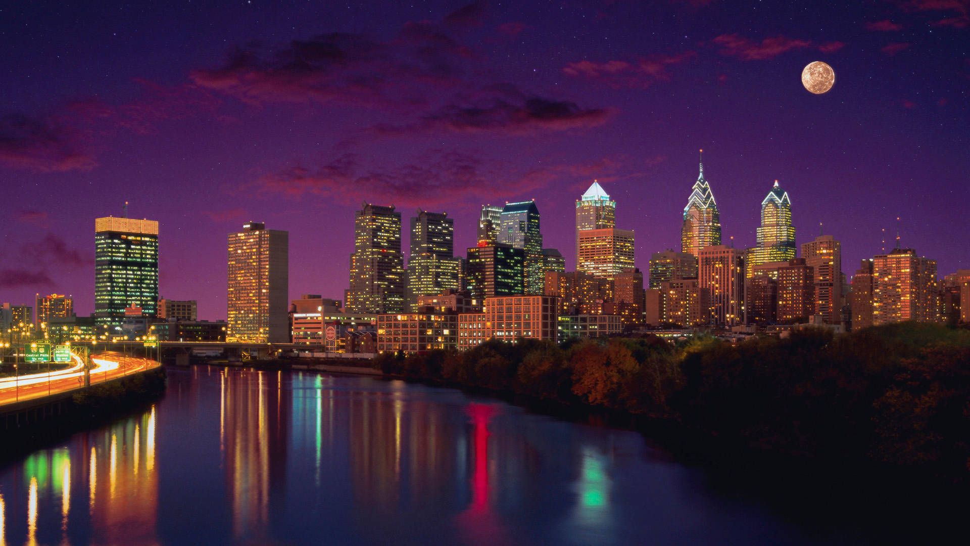 Philadelphia River, twilight, glowing skyscrapers, Full HD Desktop Wallpaper