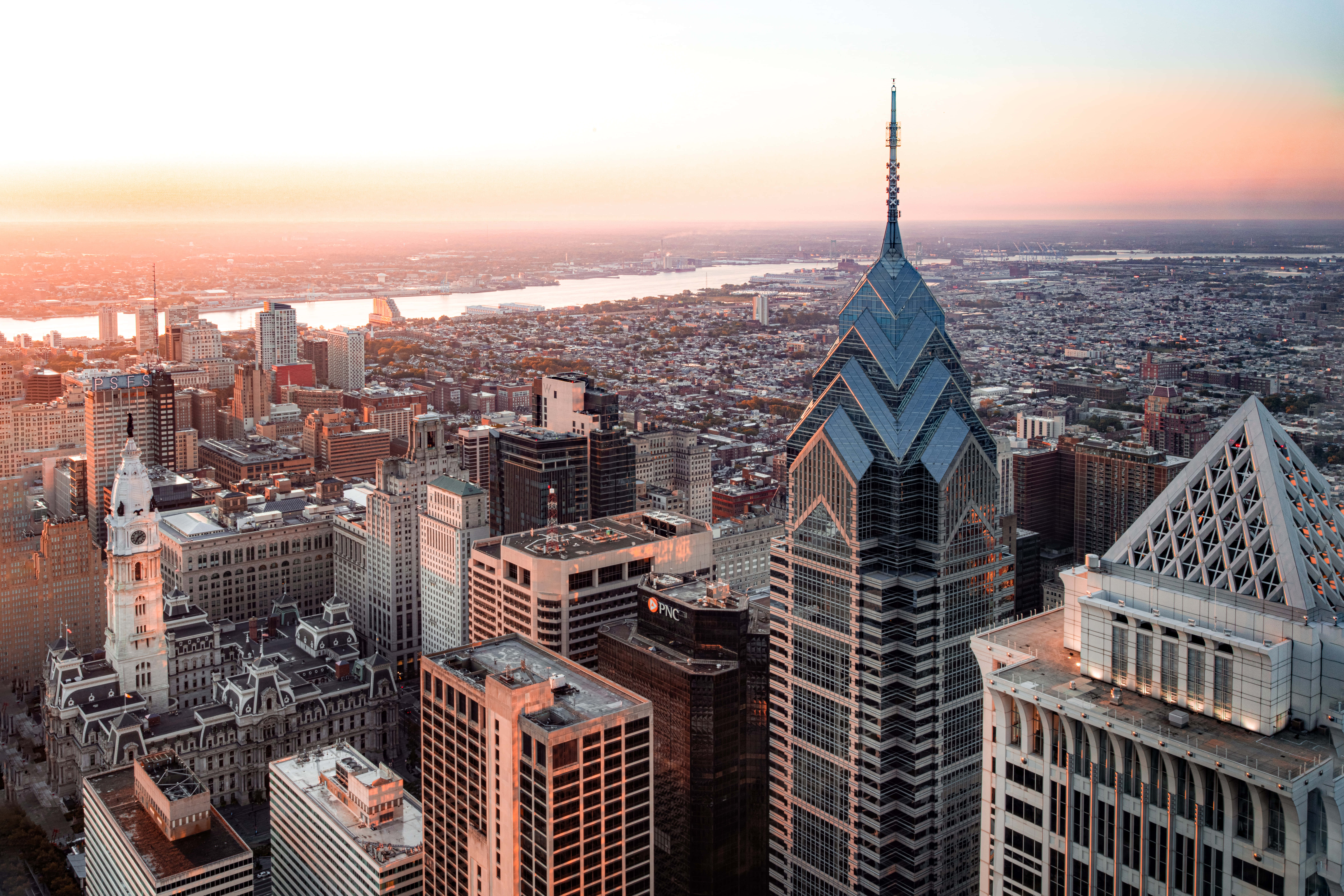 Philadelphia, skyline, sunset, 8K Desktop Wallpaper