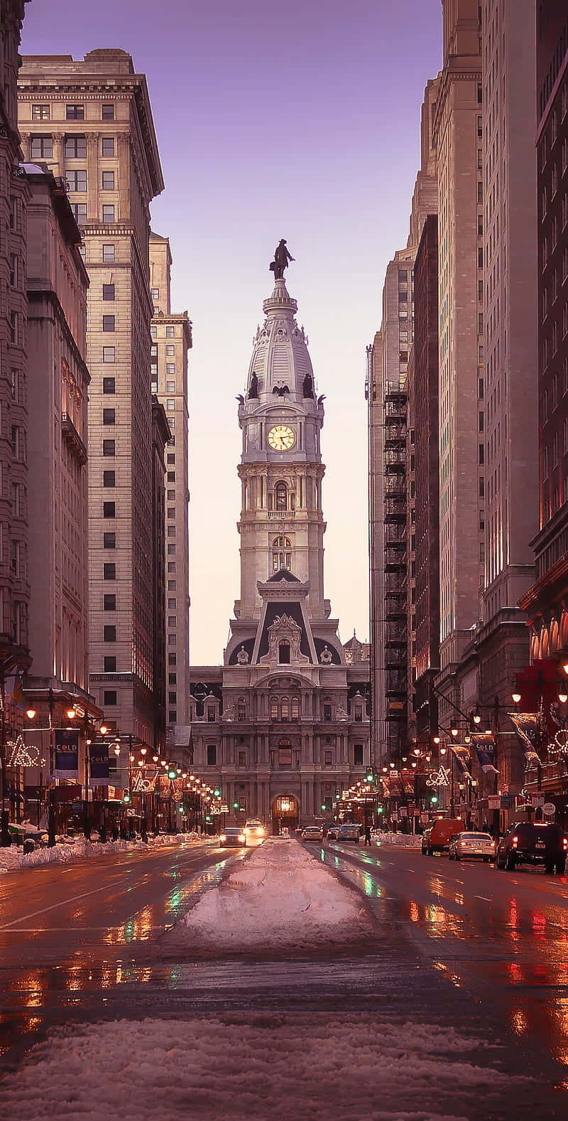 Philadelphia, clock tower, snow-dusted city streets, HD Phone Wallpaper