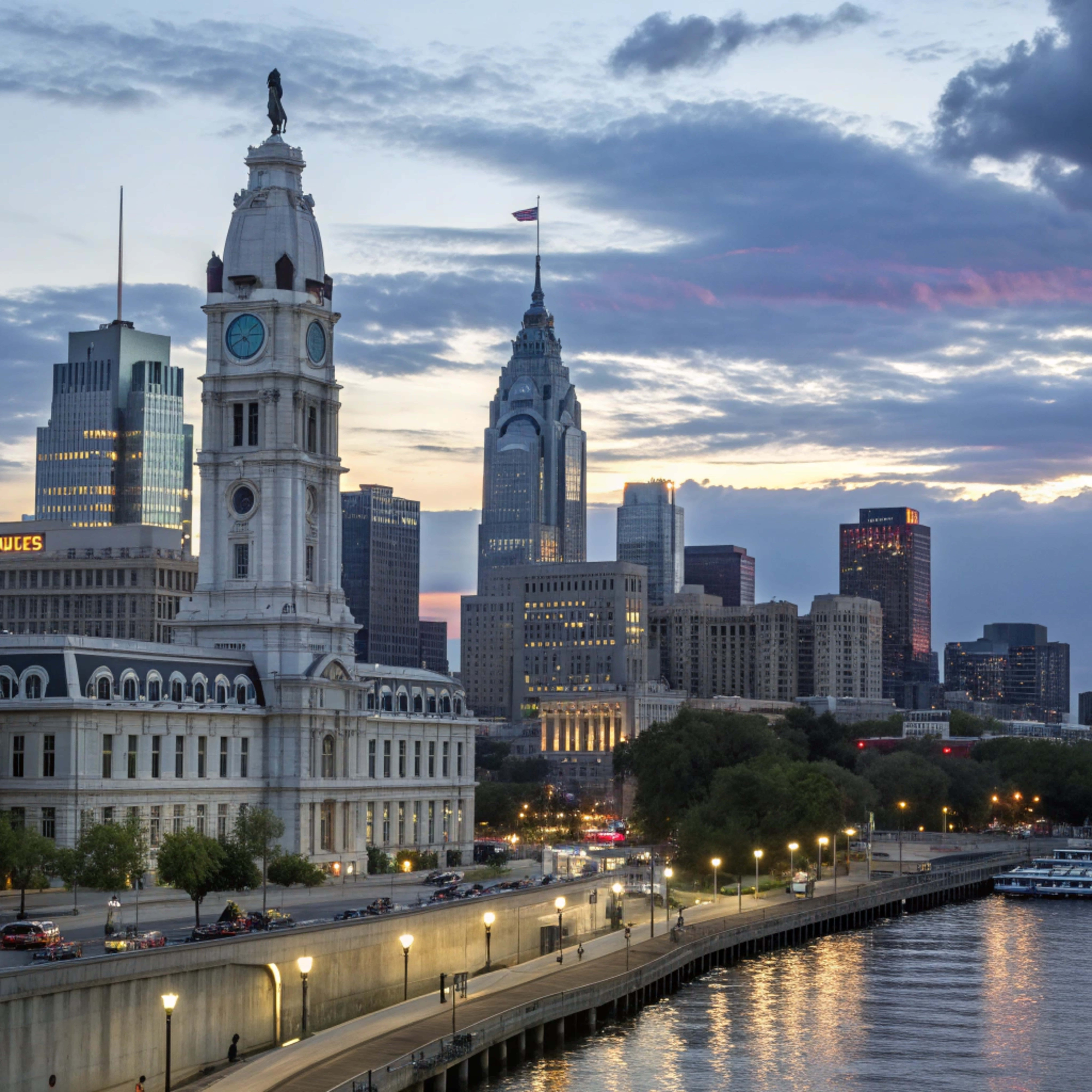 Philadelphia skyline, historic clock tower, modern skyscrapers, 8K Desktop Wallpaper