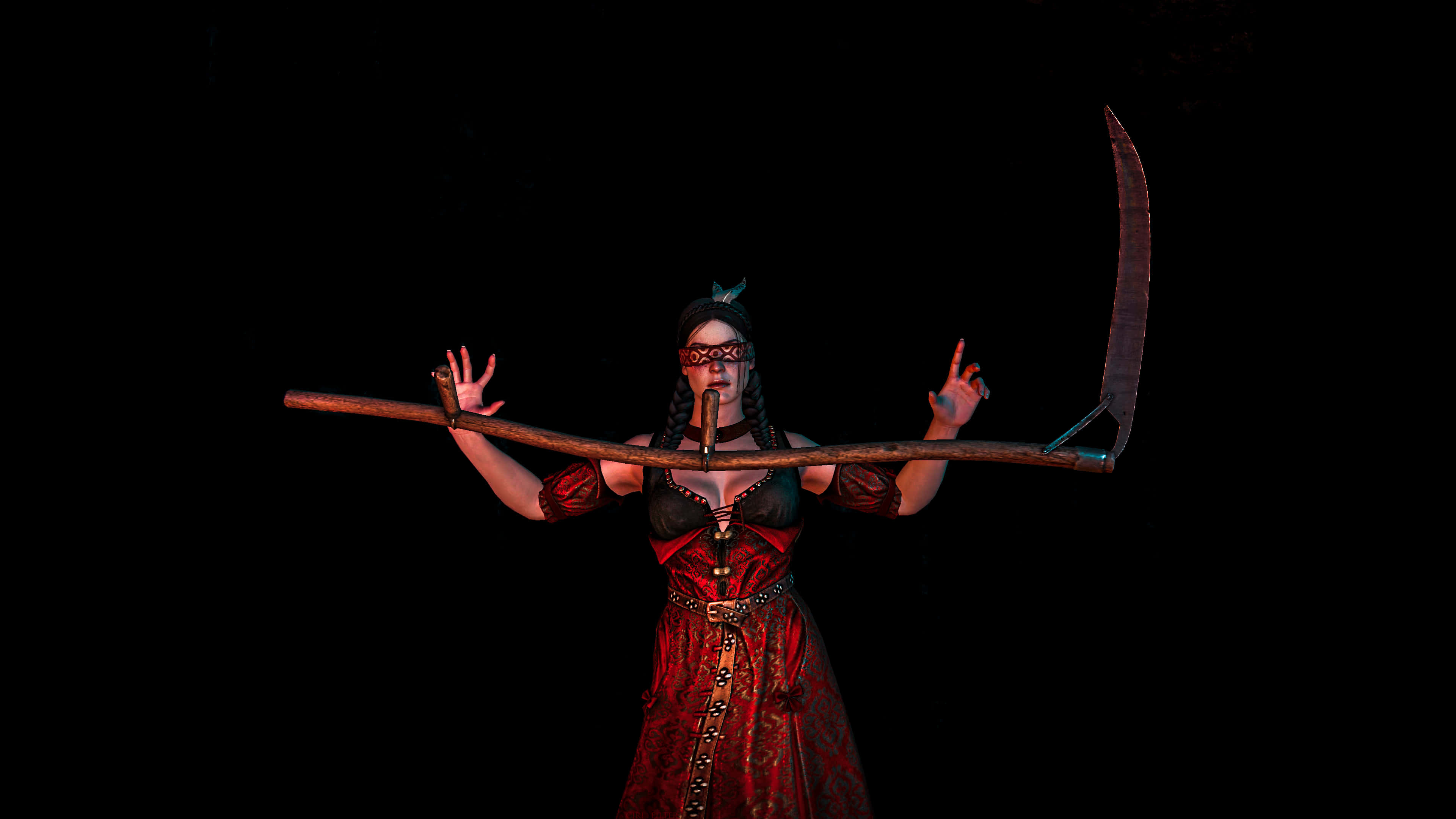 Philippa Eilhart, red gothic dress, scythe, 4K Desktop Wallpaper
