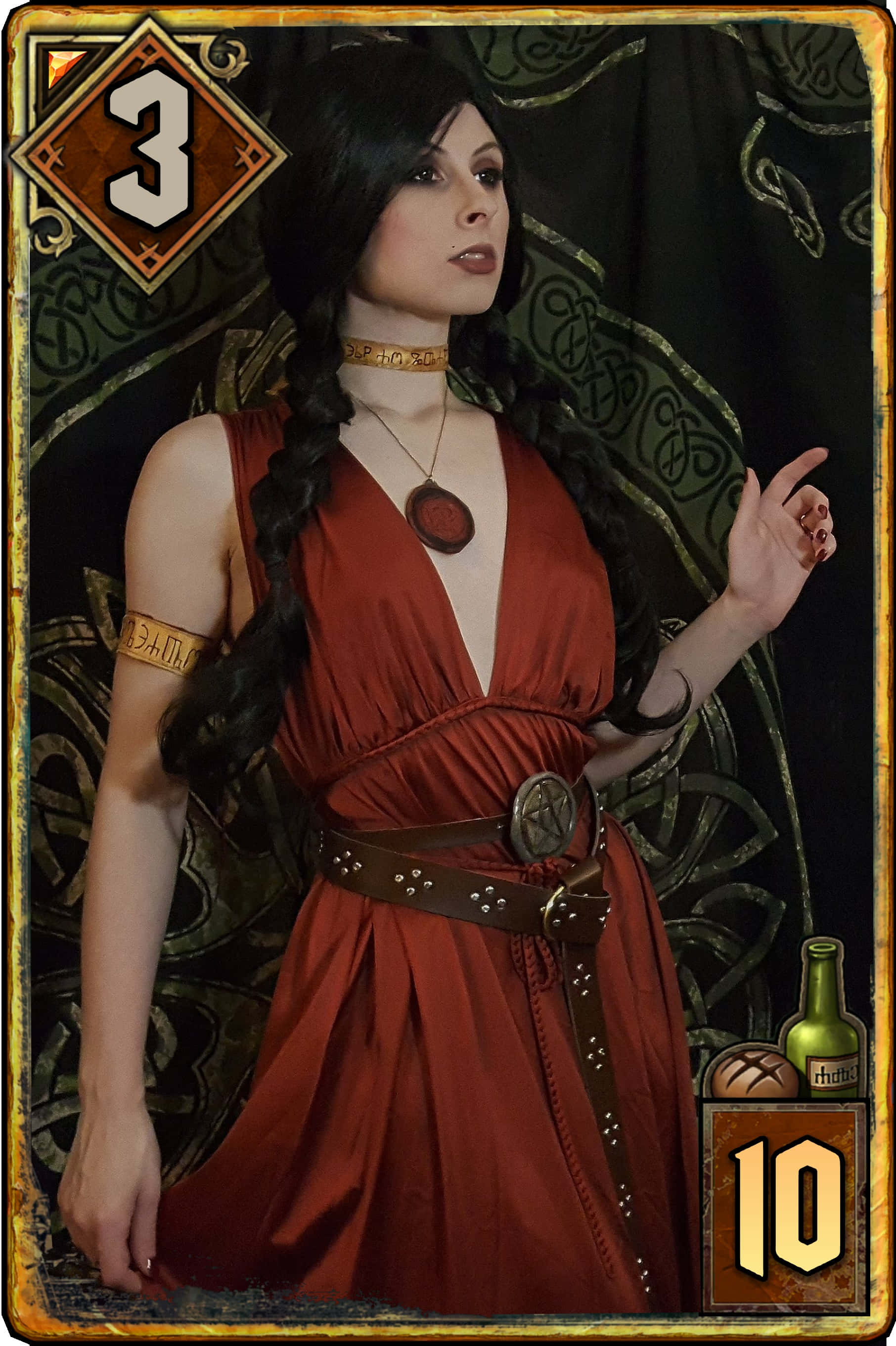 Philippa Eilhart, red draped dress, braided hair, 2K Phone Wallpaper