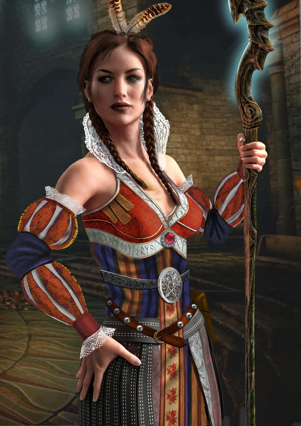 Philippa Eilhart, red blue and gold armor, glowing staff, HD Phone Wallpaper