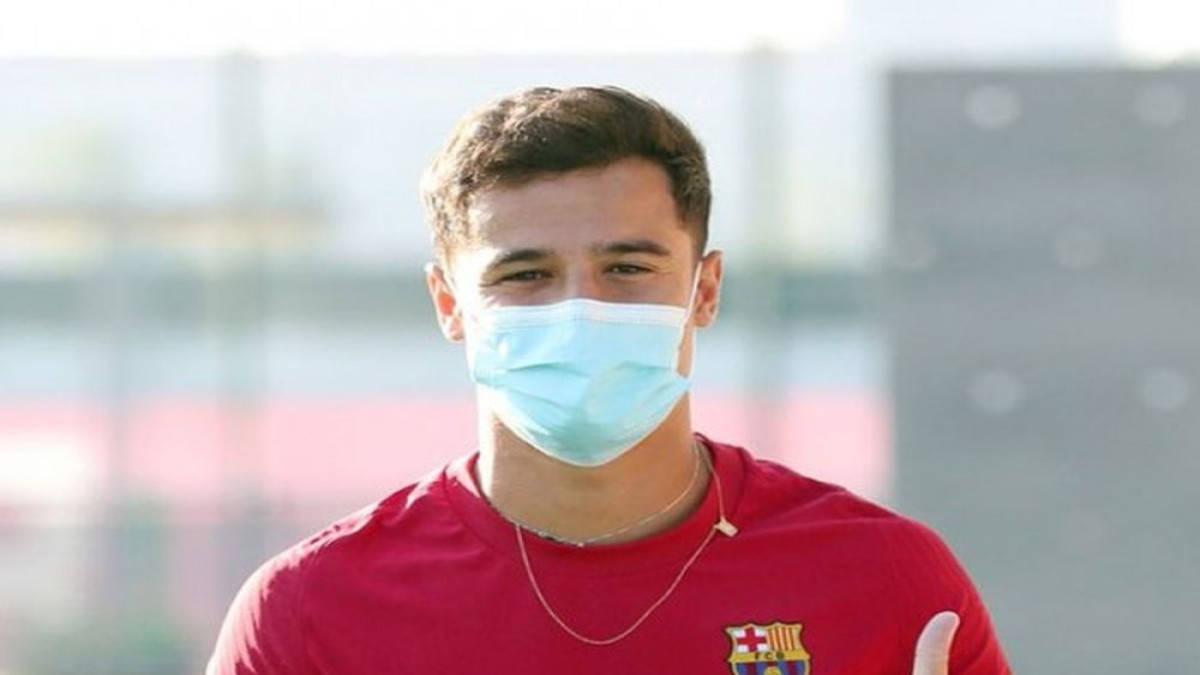 Philippe Coutinho, red FC Barcelona shirt, light blue surgical mask, SD Desktop Wallpaper