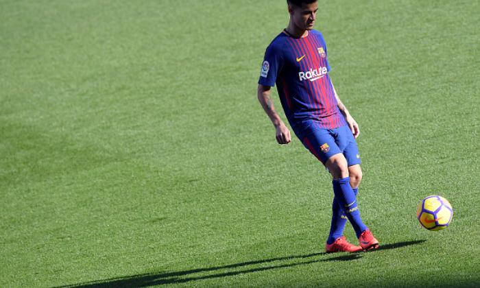 Philippe Coutinho, blue and red striped jersey, colorful ball, SD Desktop Wallpaper
