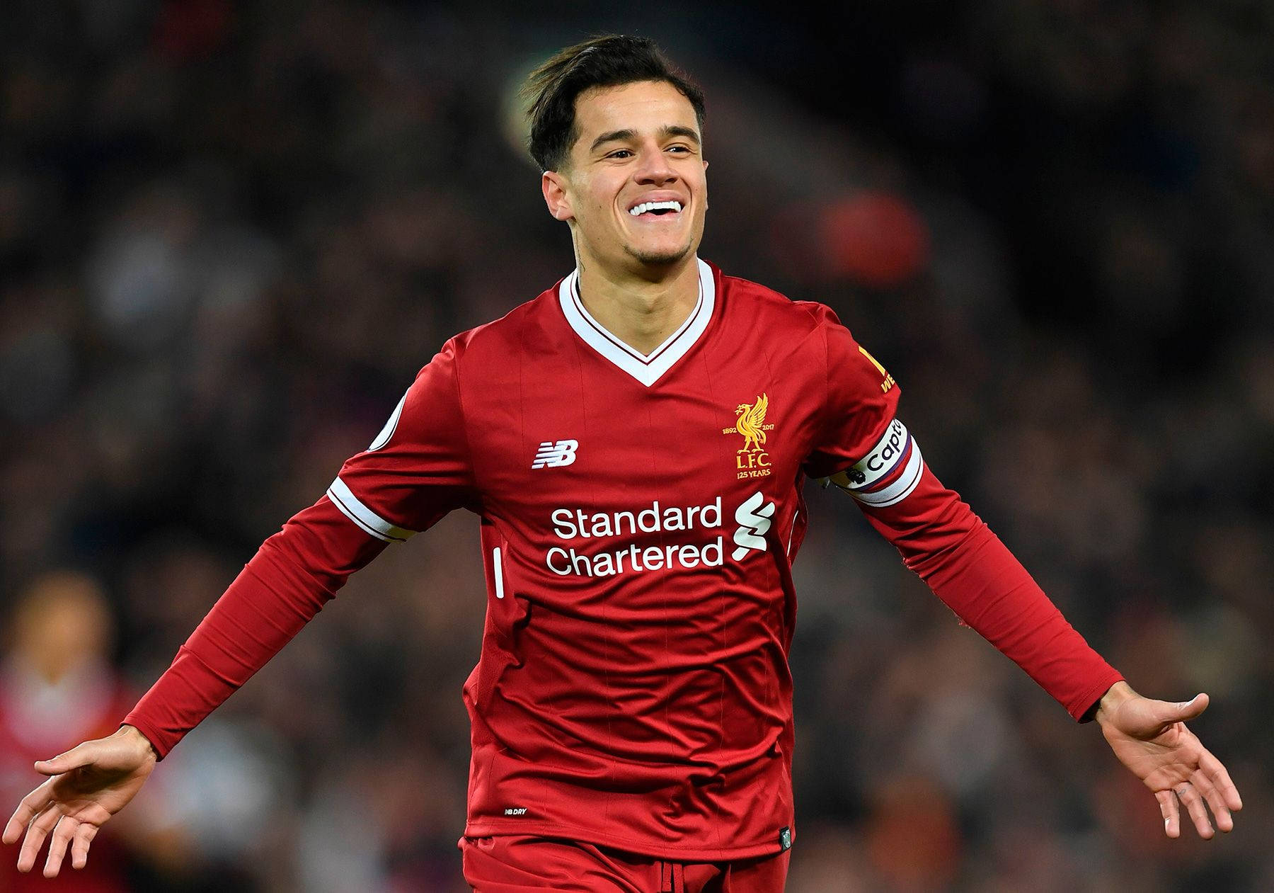 Philippe Coutinho, red Liverpool jersey, stadium lights, HD Desktop Wallpaper