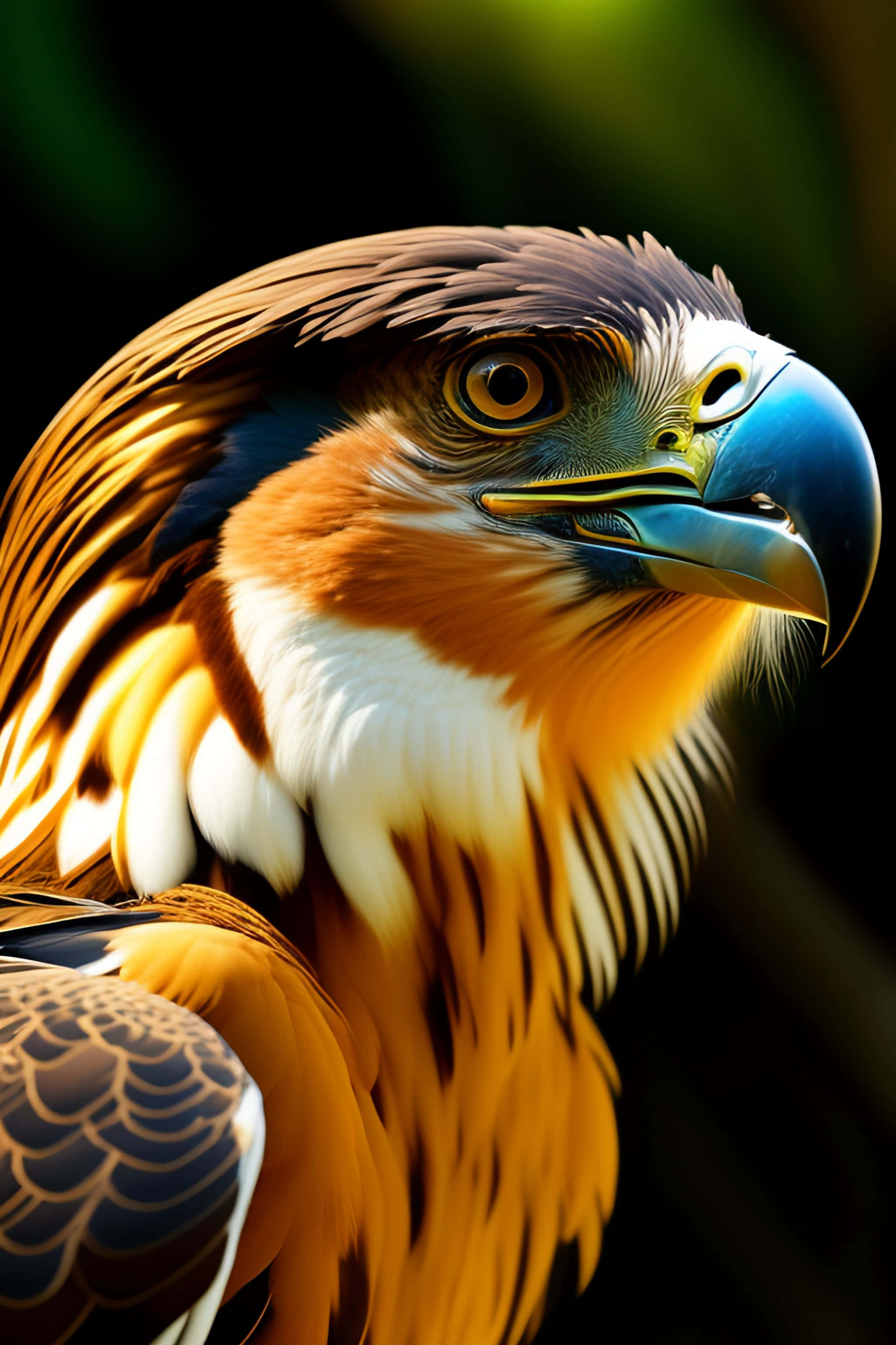 Philippine Eagle, golden amber feathers, sharp blue beak, 2K Phone Wallpaper