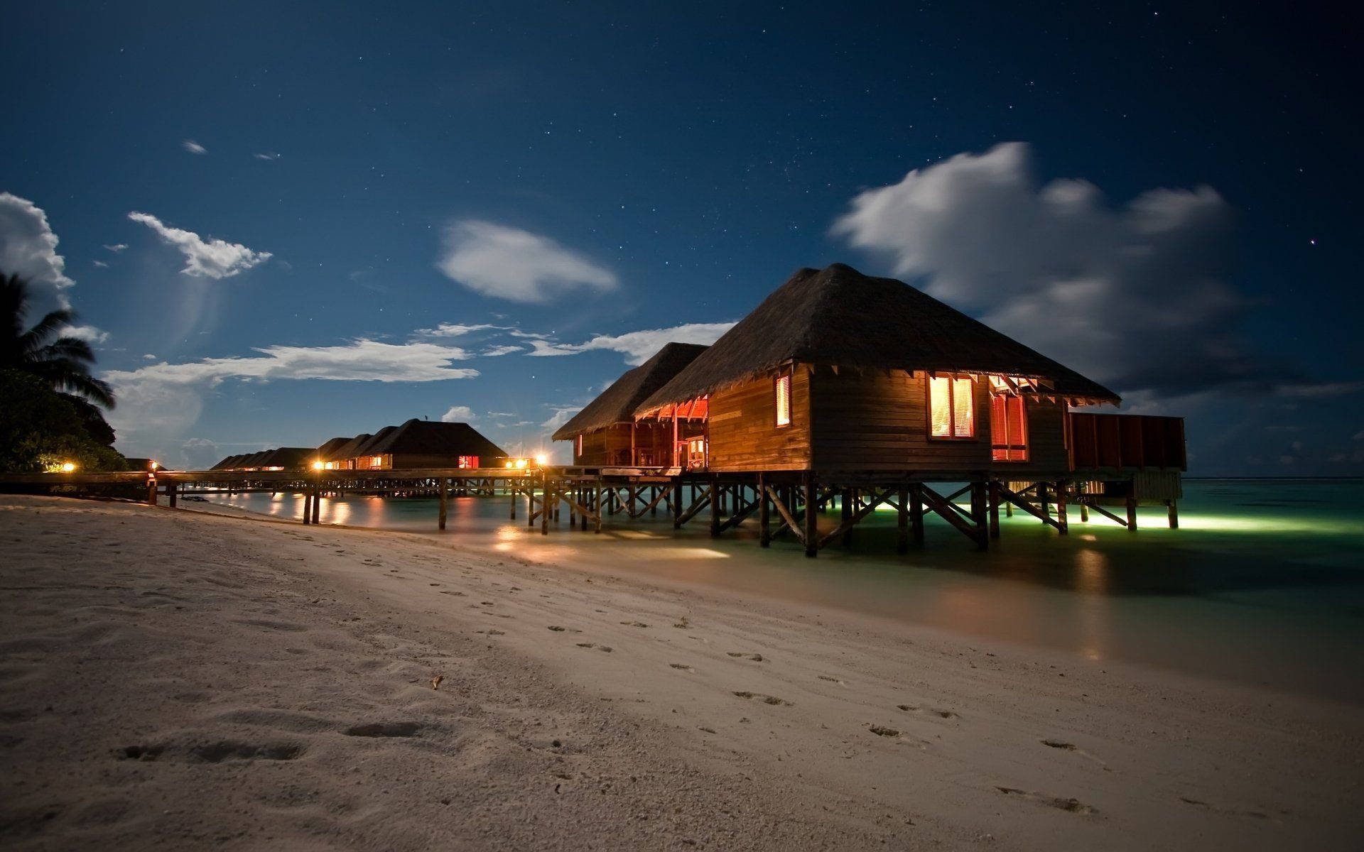 Philippines, starry night, water villas, Full HD Desktop Wallpaper