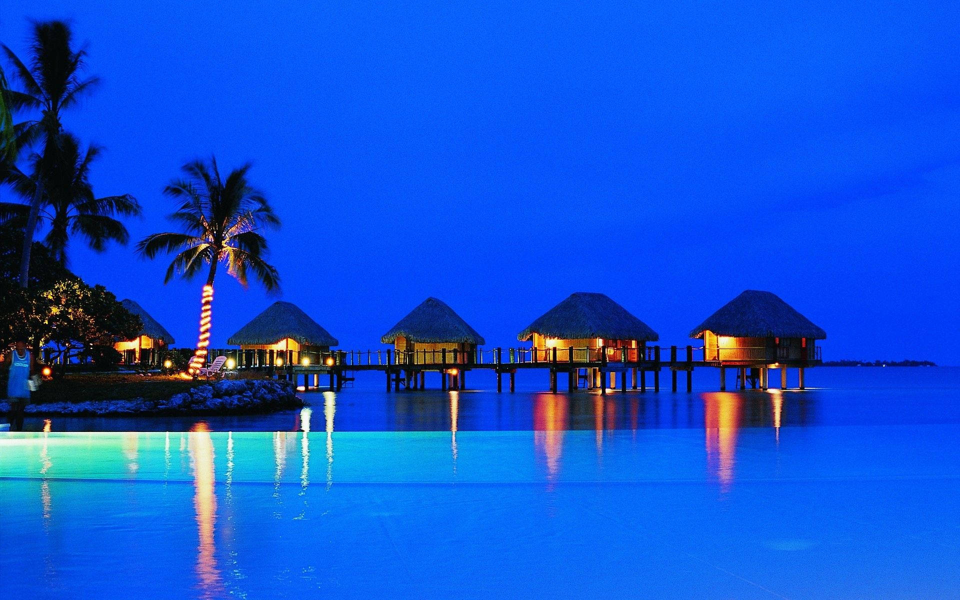 Blue Paradise Beach, Philippines, overwater bungalows, Full HD Desktop Wallpaper