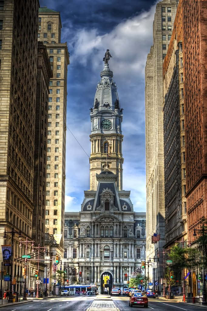 Philly, clock tower, tall buildings, SD Phone Wallpaper