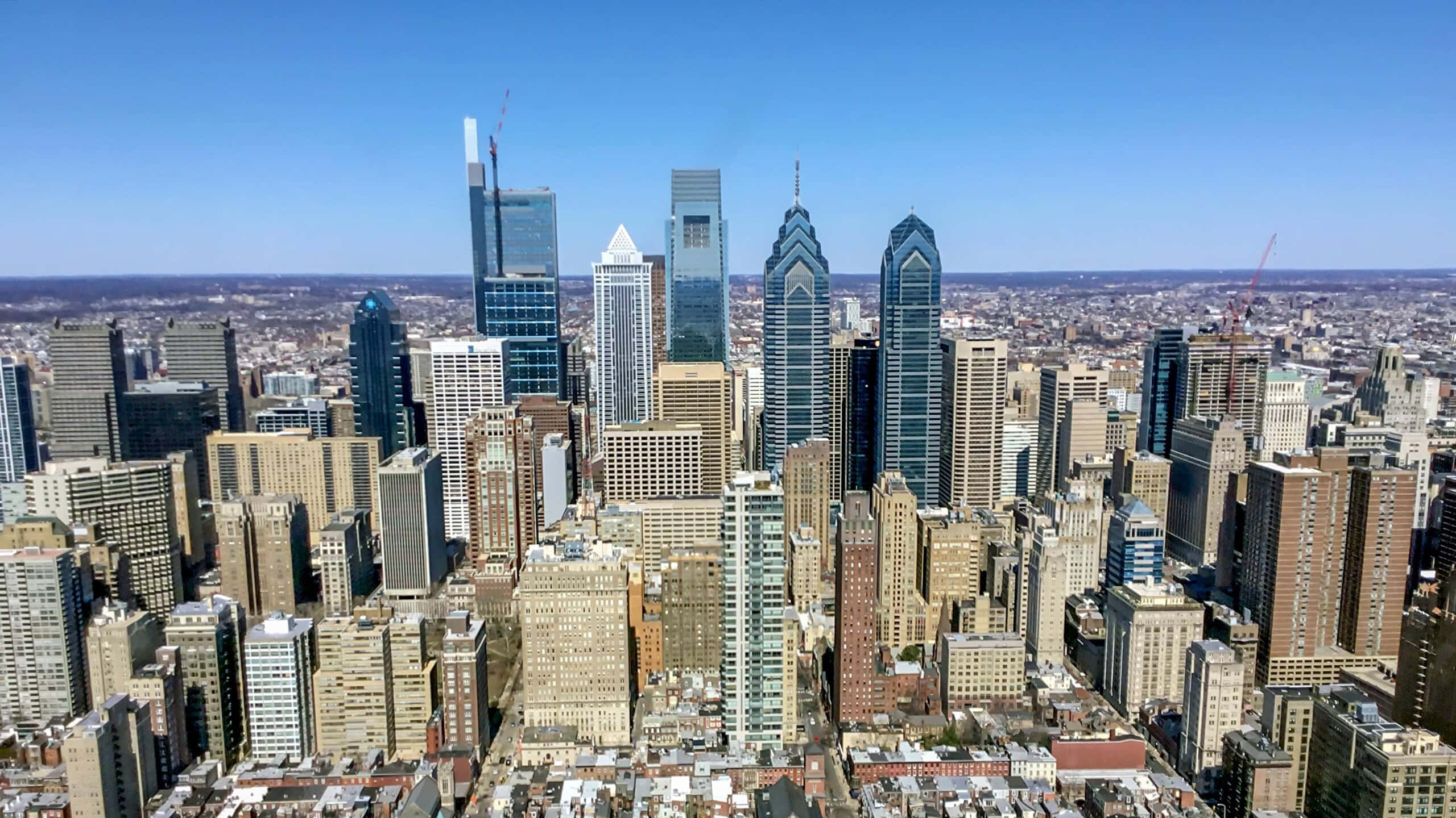 Philly, aerial view, dense urban skyline, 2K Desktop Wallpaper