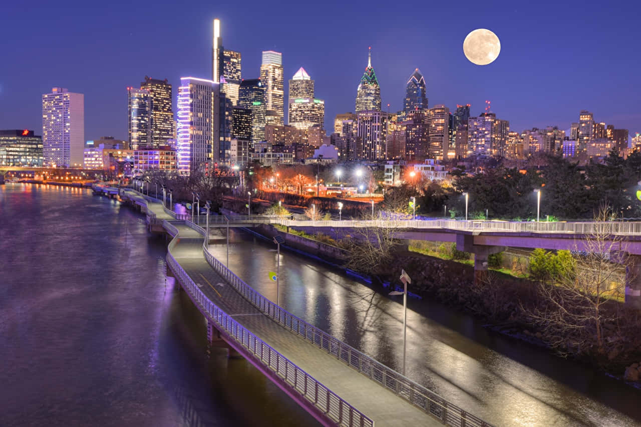 Philly, full moon, river, HD Desktop Wallpaper