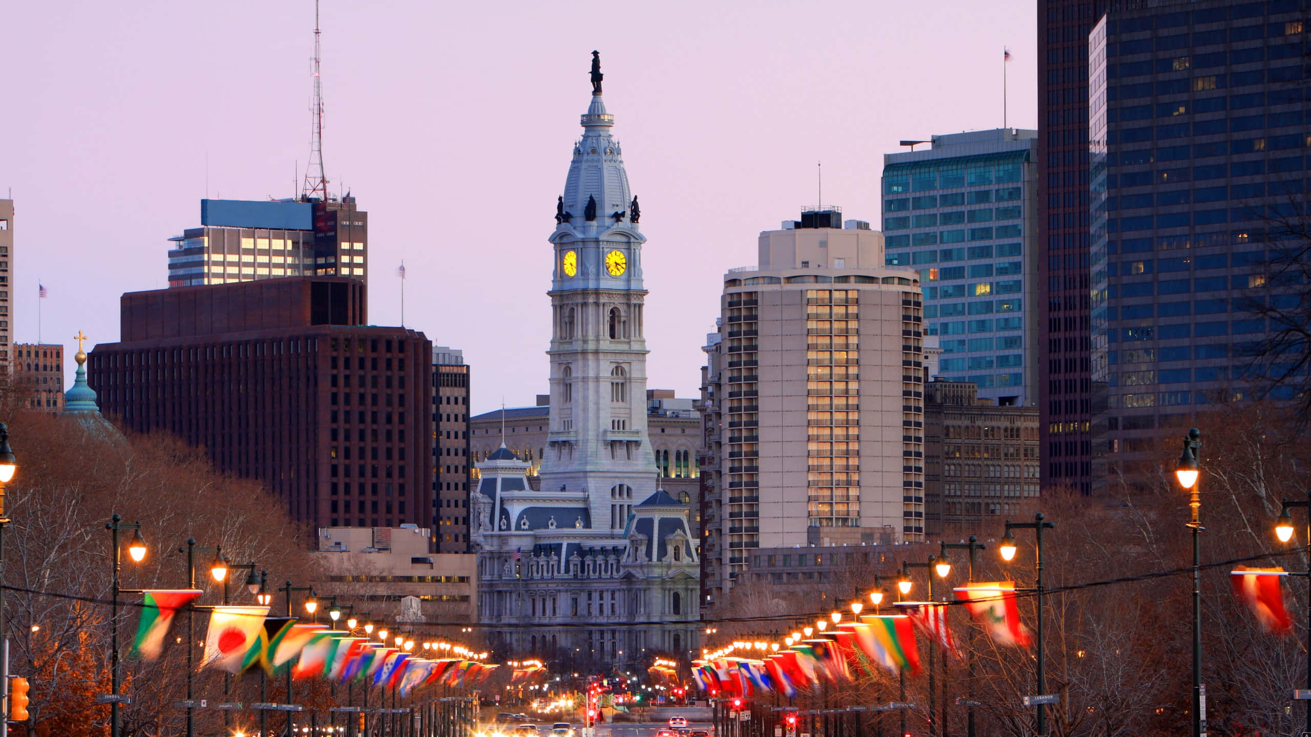 city street, clock tower, purple sky, 2K Desktop Wallpaper