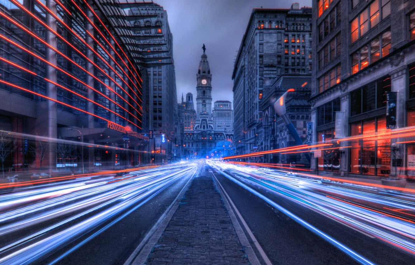 Philly, rainy urban street, historic clock tower, HD Desktop Wallpaper