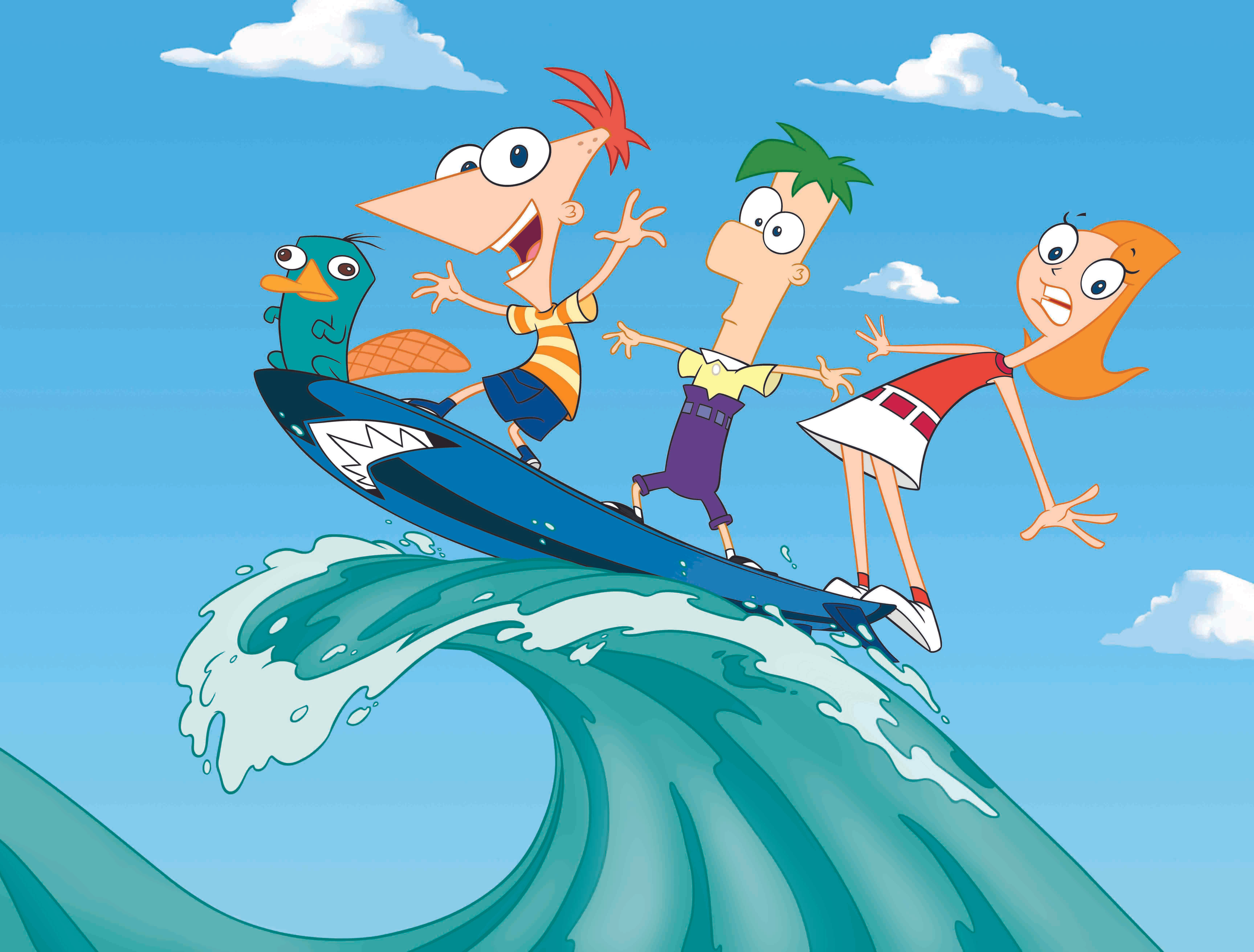 Phineas And Ferb, shark-toothed surfboard, turquoise wave, 5K Desktop Wallpaper