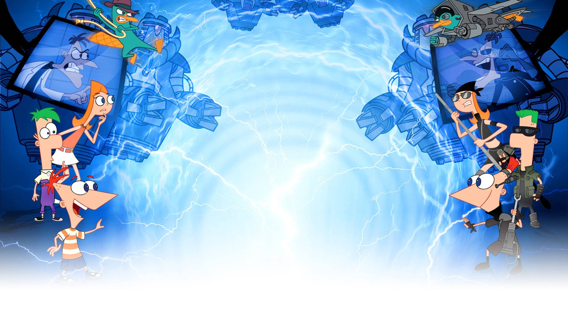 Phineas And Ferb, electric blue lightning, floating screens, Full HD Desktop Wallpaper