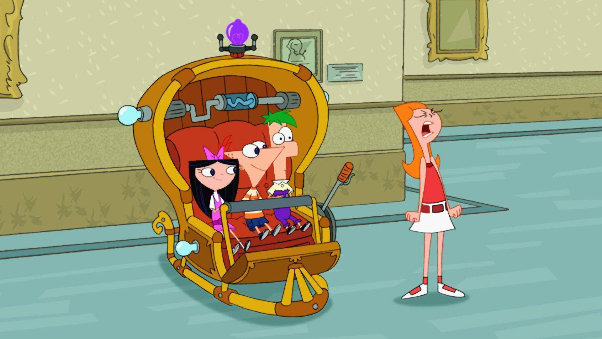 Phineas And Ferb, time machine, golden rocket chair, Full HD Desktop Wallpaper