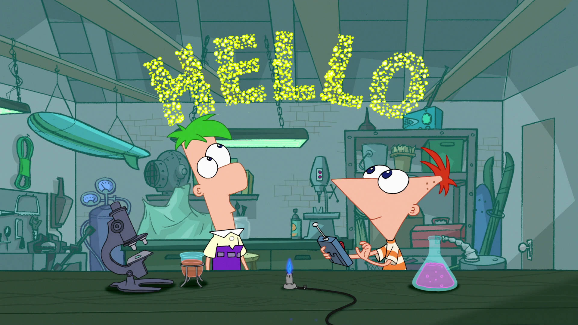 Phineas And Ferb, HELLO nanobots, glowing 'HELLO' sign, Full HD Desktop Wallpaper