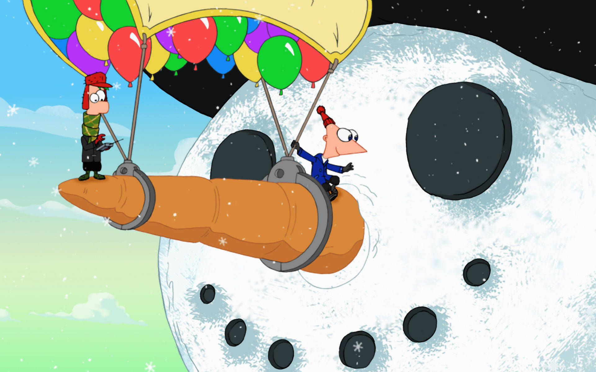 Phineas And Ferb, giant snowman, carrot-powered sled, Full HD Desktop Wallpaper