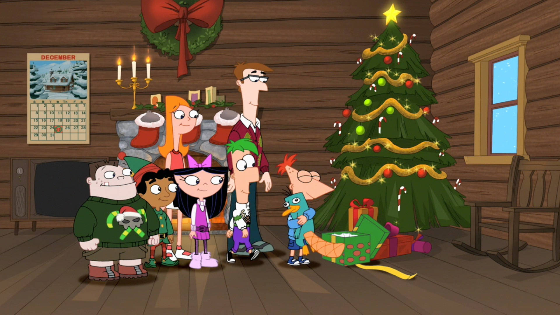 Phineas And Ferb, Christmas tree, wooden cabin, Full HD Desktop Wallpaper