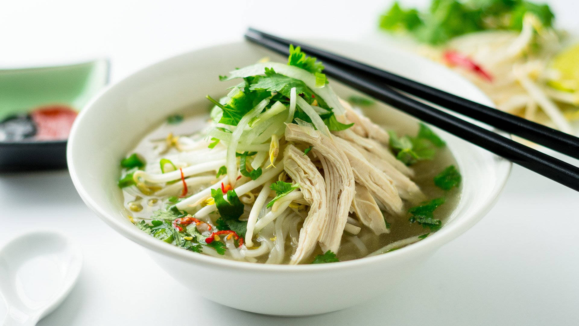 pho, chicken strip toppings, steaming bowl, Full HD Desktop Wallpaper