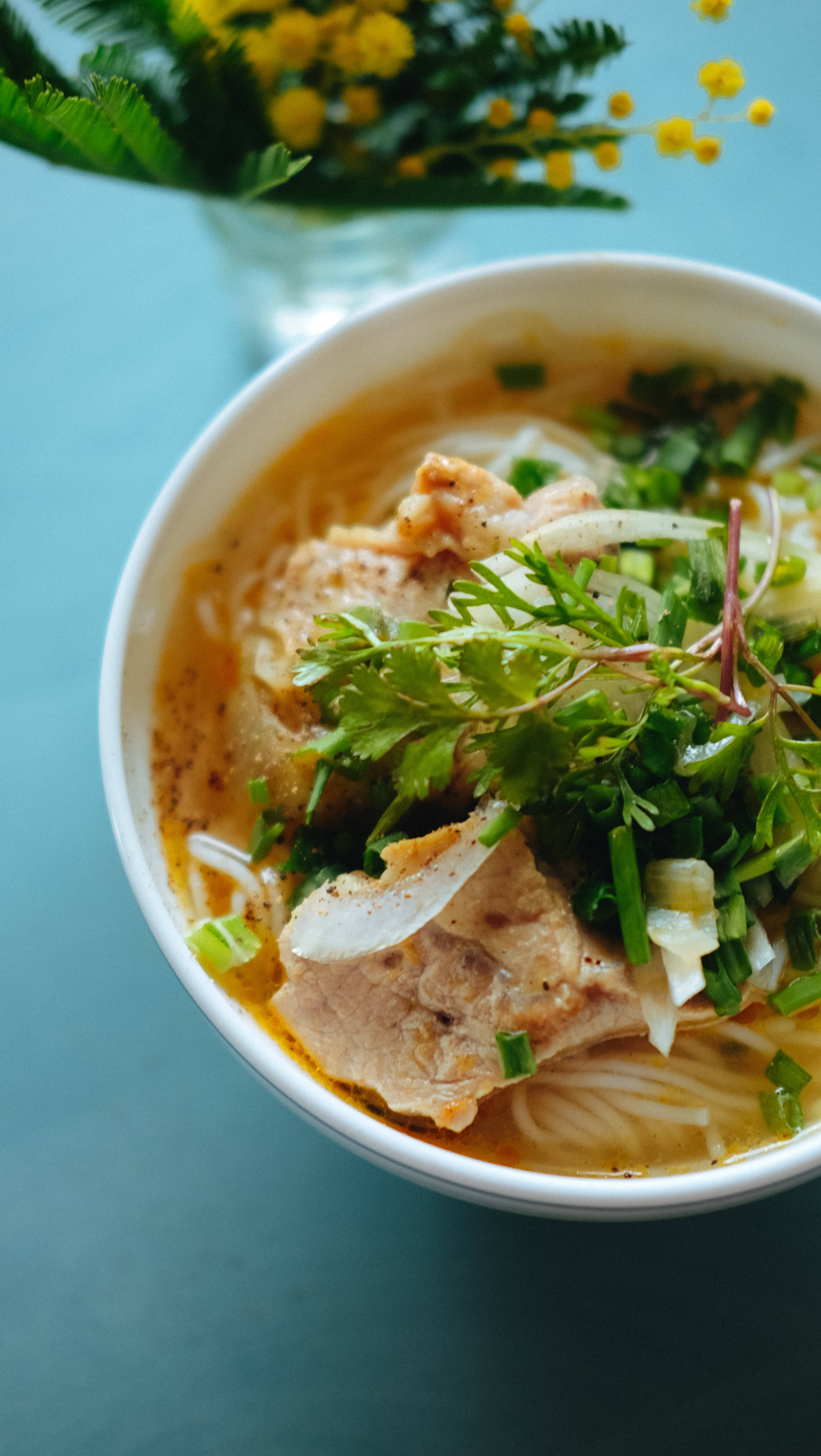 Pho, fresh herbs, vegetables, 4K Phone Wallpaper