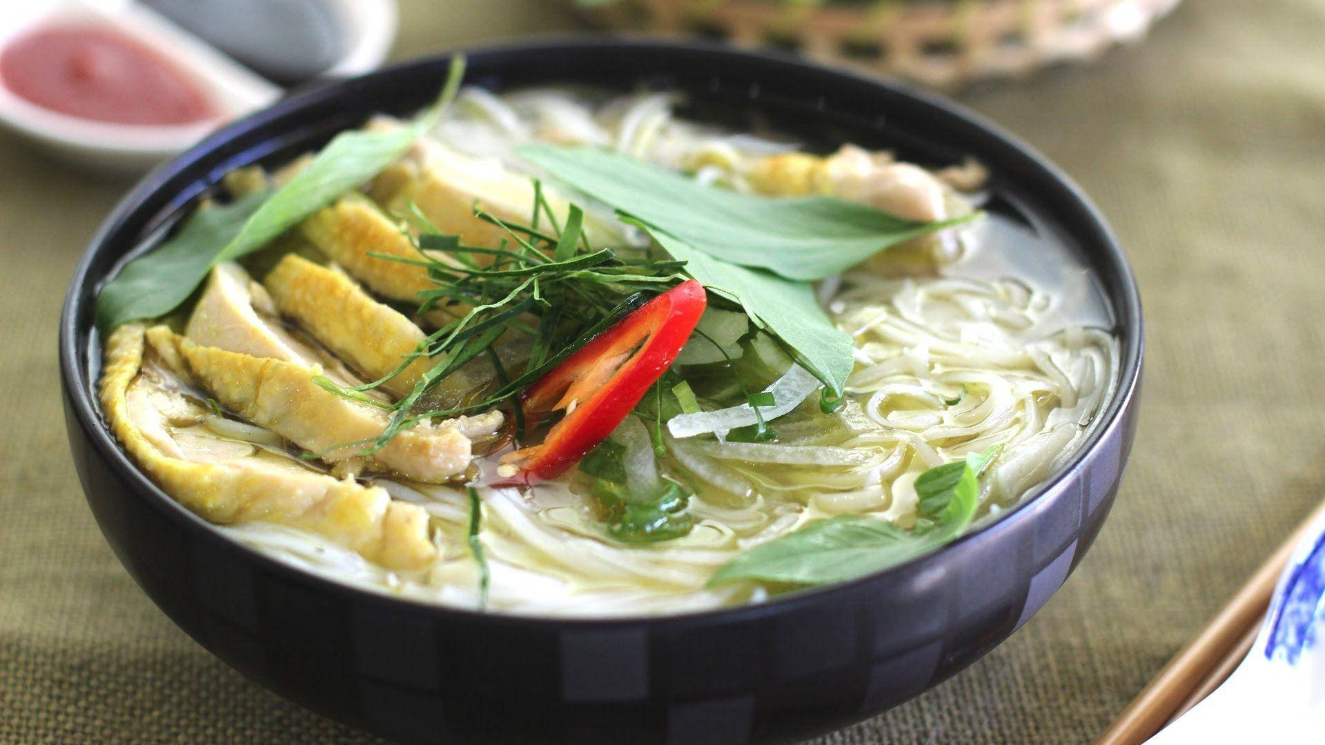 pho, chicken meat slices, rice noodles, Full HD Desktop Wallpaper