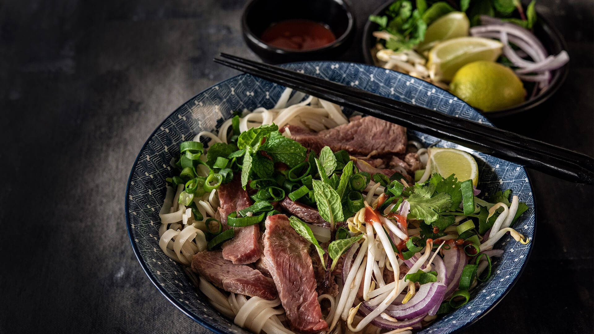 Pho, beef noodles, fresh herbs, Full HD Desktop Wallpaper