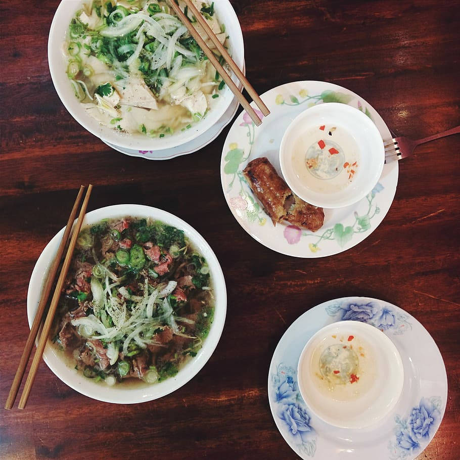 pho, deep fried spring roll, floral plates, SD Desktop Wallpaper