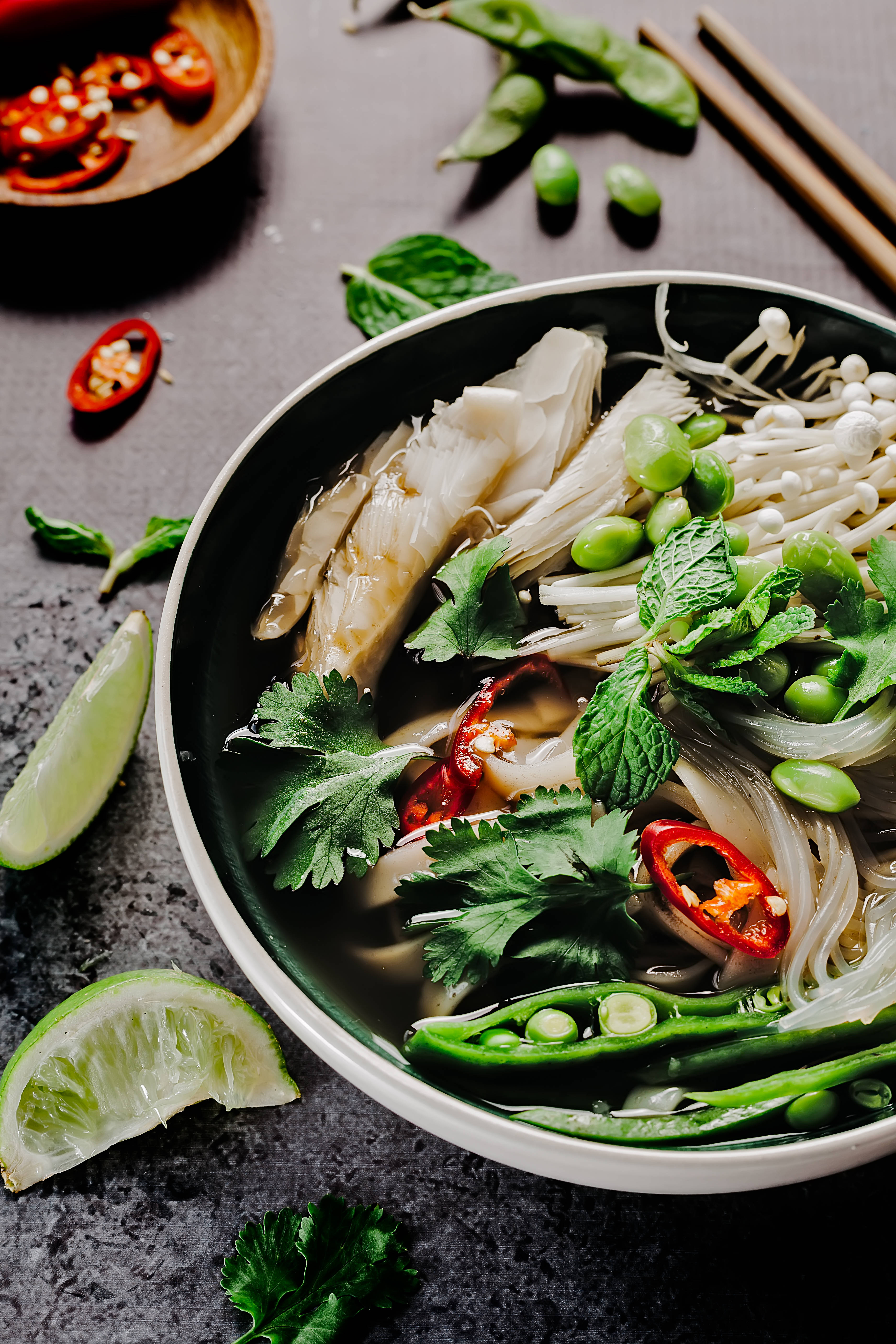 Pho, Vietnamese noodle soup, fresh herbs, 5K Phone Wallpaper