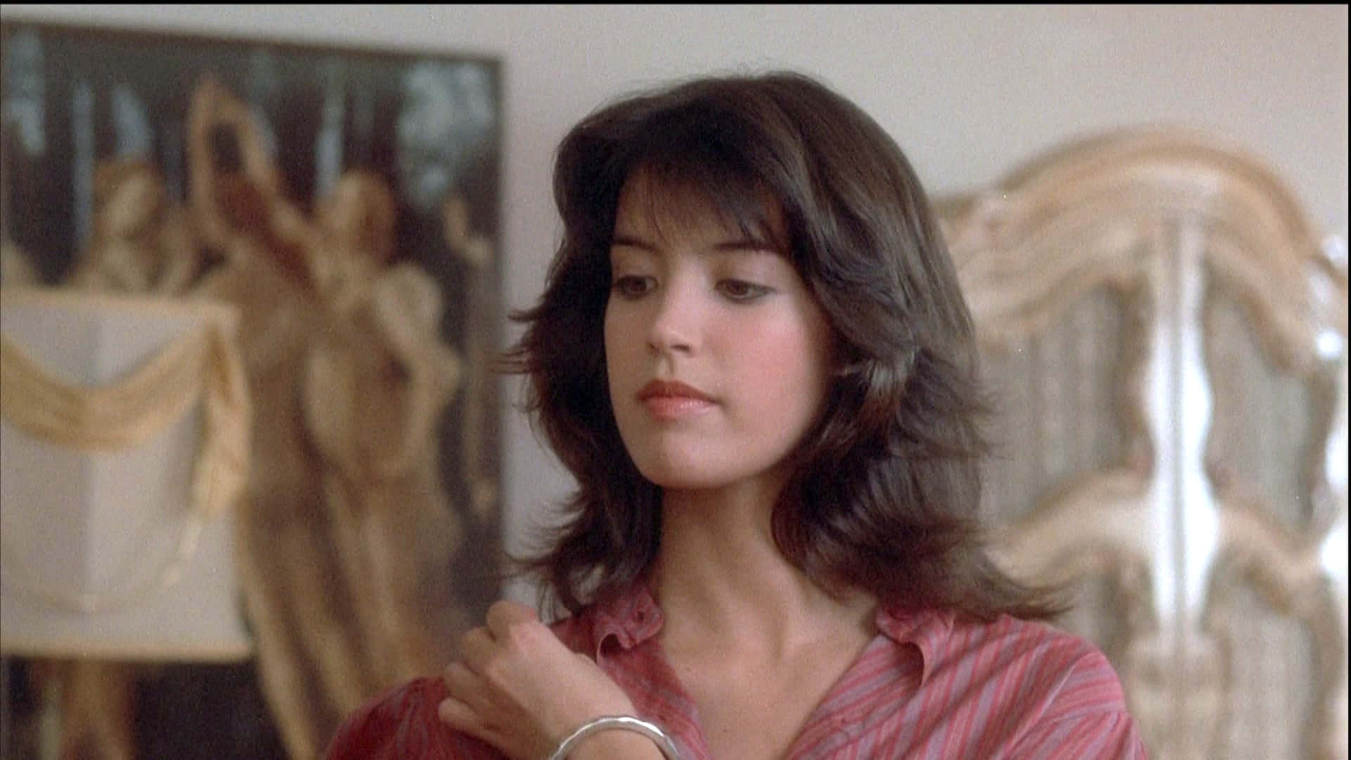 Phoebe Cates, red striped shirt, shoulder-length brown hair, Full HD Desktop Wallpaper