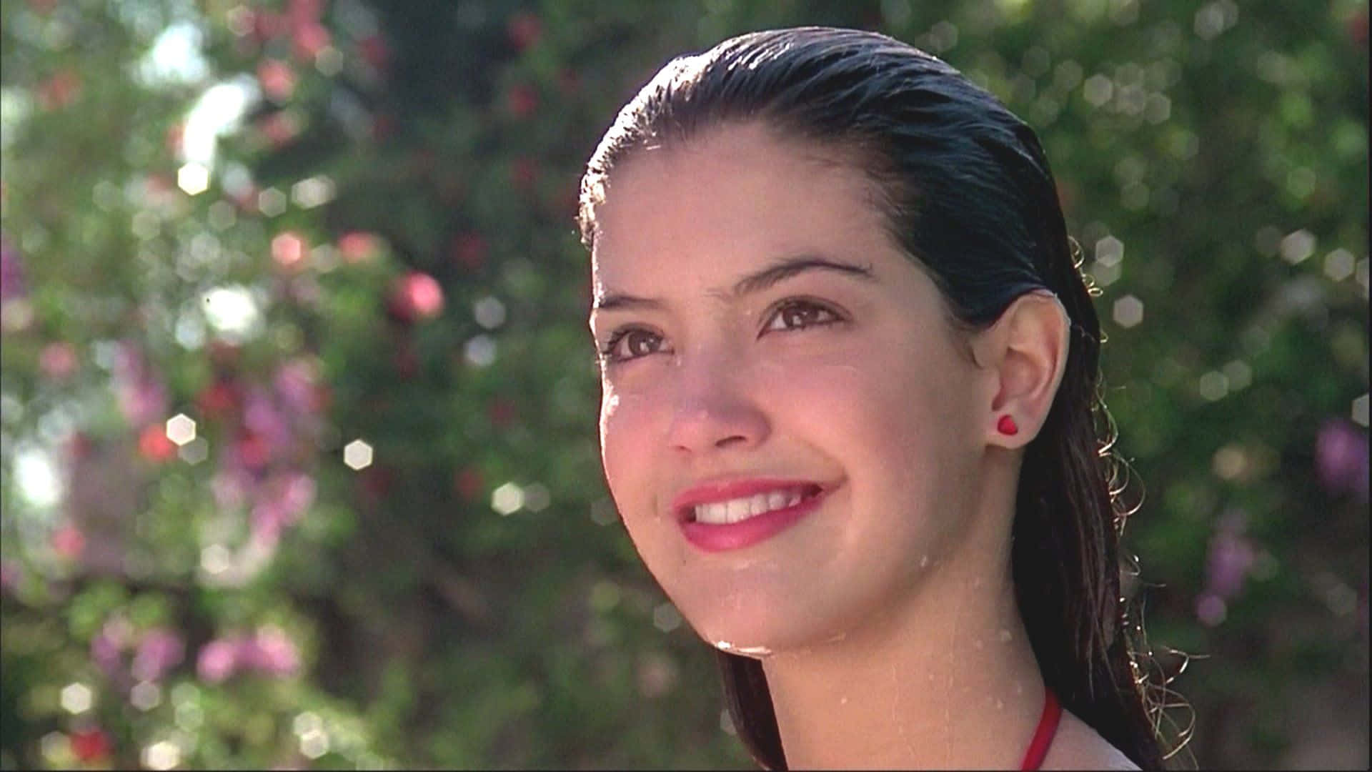 Phoebe Cates, classic red dress, wet hair, Full HD Desktop Wallpaper