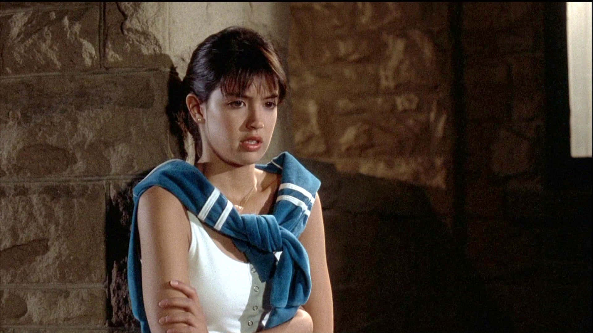 Phoebe Cates, dark hair, stone wall, Full HD Desktop Wallpaper