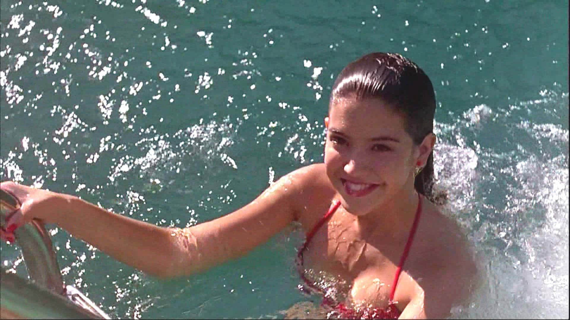 Phoebe Cates, red bikini, turquoise water, Full HD Desktop Wallpaper