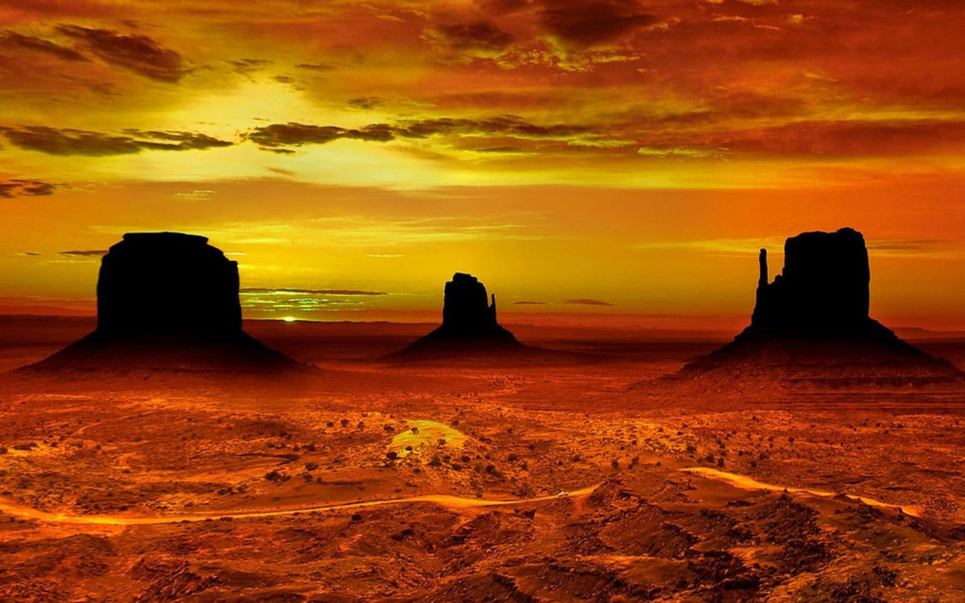 Phoenix Arizona, desert buttes, fiery orange and yellow sunset sky, Full HD Desktop Wallpaper