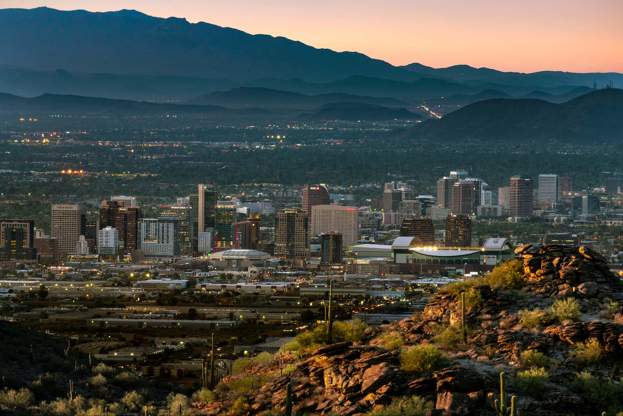 Phoenix, Arizona, dusk, illuminated skyscrapers, Full HD Desktop Wallpaper