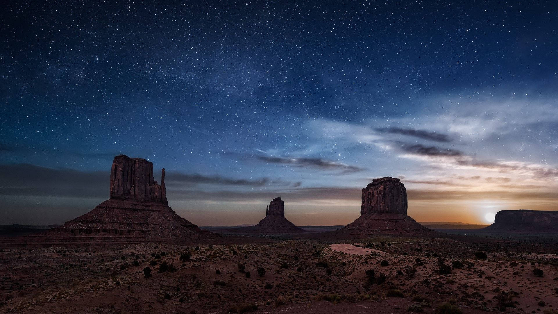 Arizona Desert, Starlit desert monoliths, vibrant twilight sky, Full HD Desktop Wallpaper