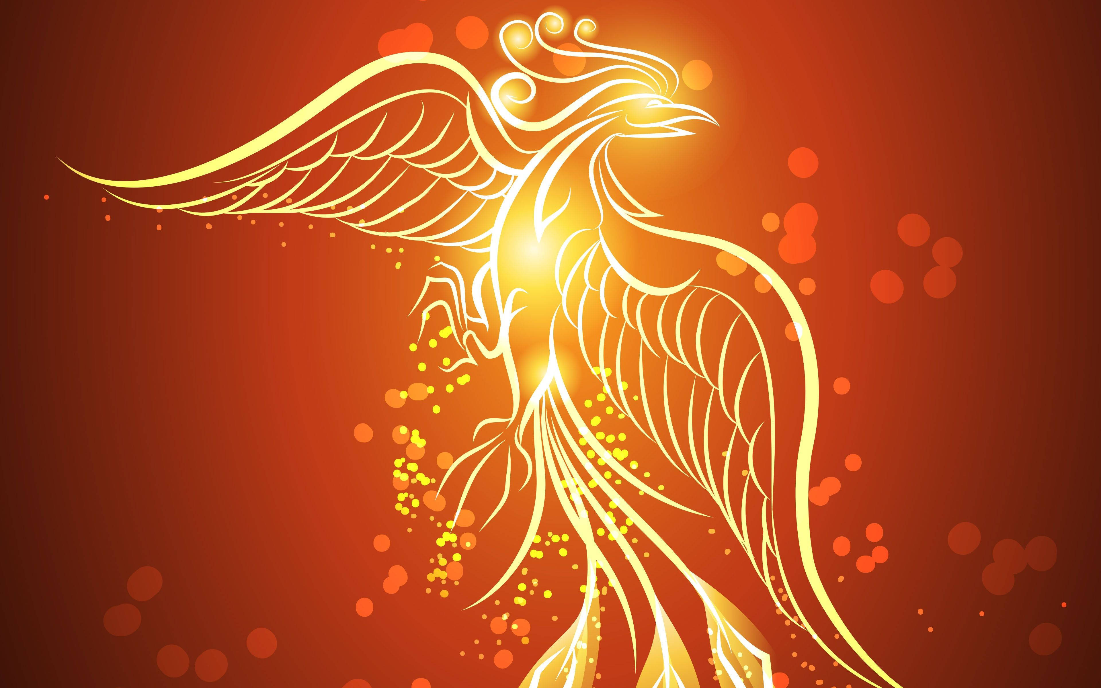Rising Phoenix 3D abstract, golden phoenix, glowing orange backdrop, 4K Desktop Wallpaper
