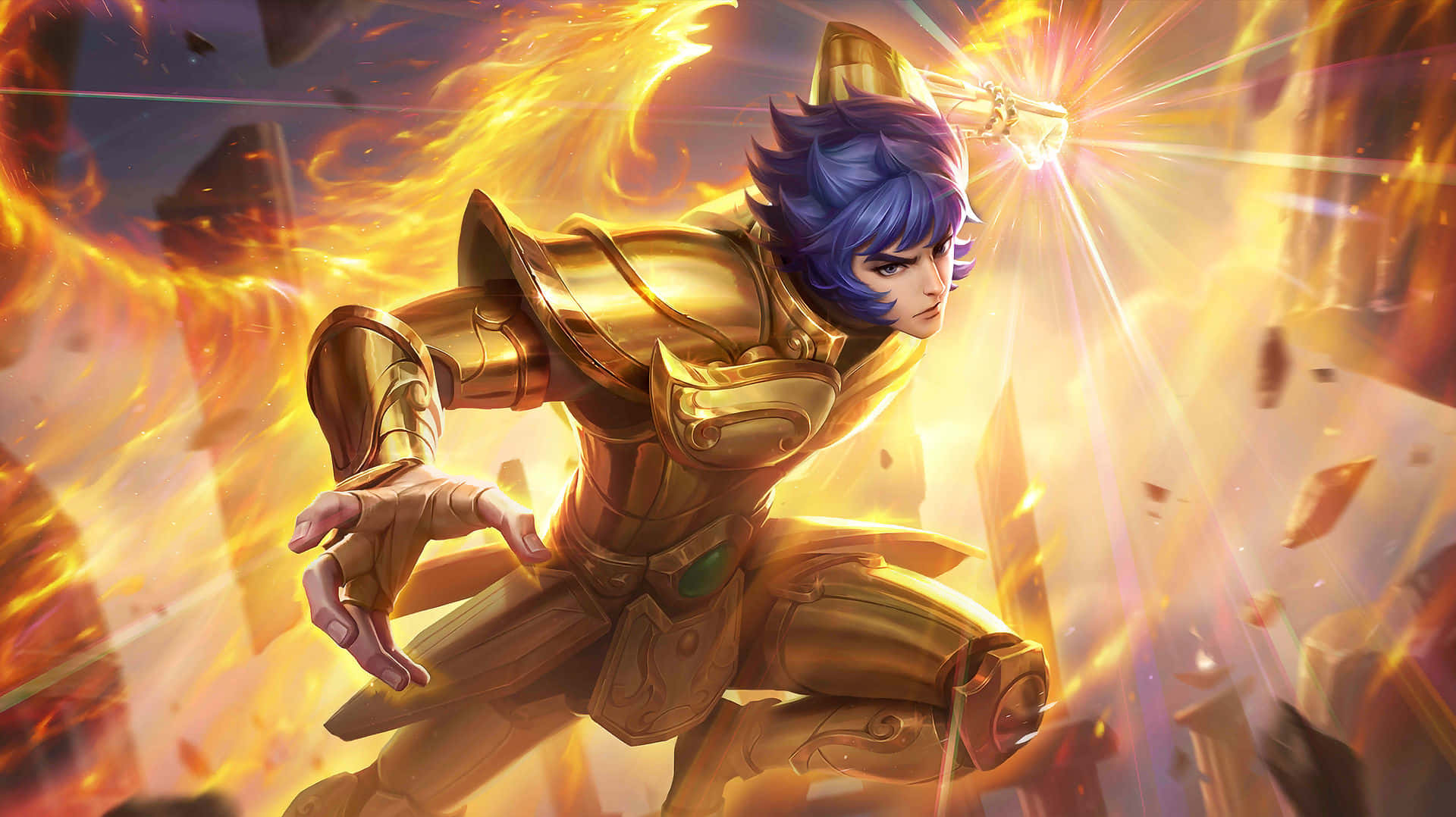 Phoenix Ikki, blue-haired warrior, golden armor, Full HD Desktop Wallpaper